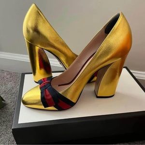 Gucci Gold Sylvie Heels. Worn once, great condition! Box and dust bag included